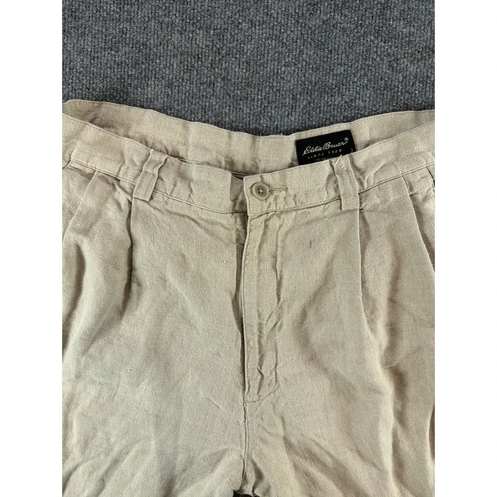 Eddie Bauer Mens 35x30 Pleated 100% Linen Pants Khaki Beige‎ Cuffed Relaxed Fit